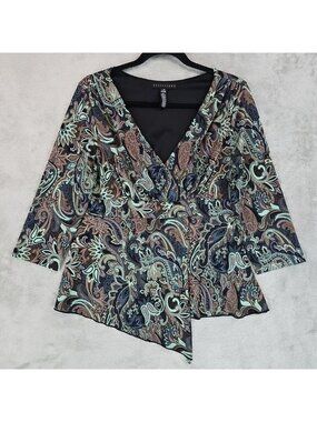 Apostrophe Blouse Womens L Multicolor Paisley V Neck 3/4 Sleeve Tunic Top Jersey
